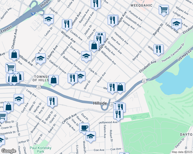 map of restaurants, bars, coffee shops, grocery stores, and more near 123 Clark Street in Hillside