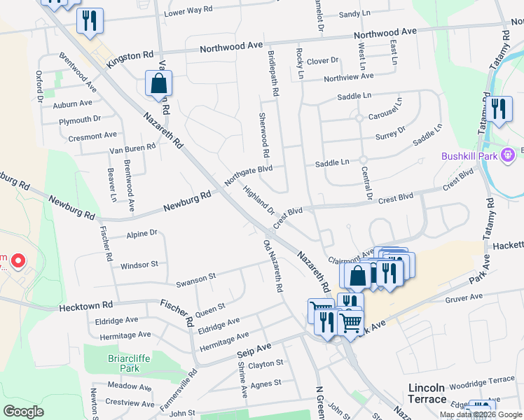 map of restaurants, bars, coffee shops, grocery stores, and more near 3208 Highland Drive in Easton