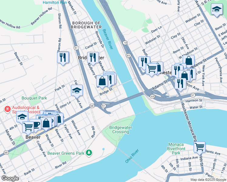 map of restaurants, bars, coffee shops, grocery stores, and more near 124 Bridge Street in Beaver