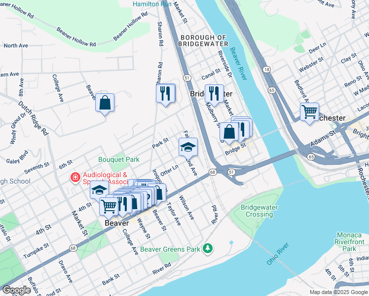 map of restaurants, bars, coffee shops, grocery stores, and more near 460 East End Avenue in Beaver
