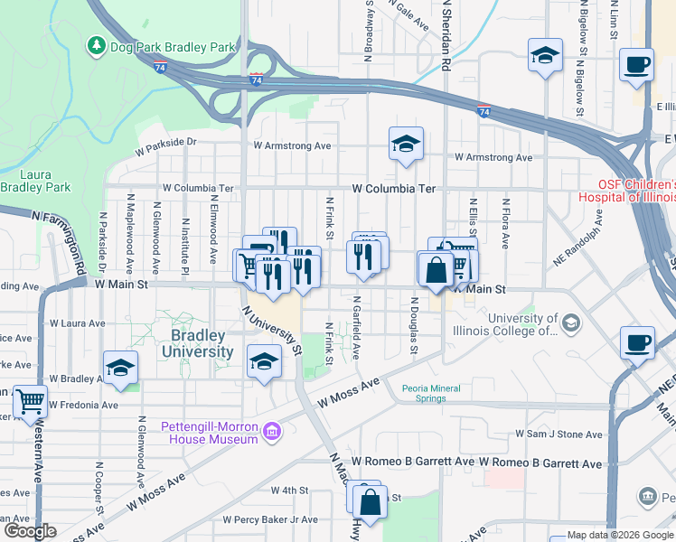 map of restaurants, bars, coffee shops, grocery stores, and more near 910 West Russell Street in Peoria