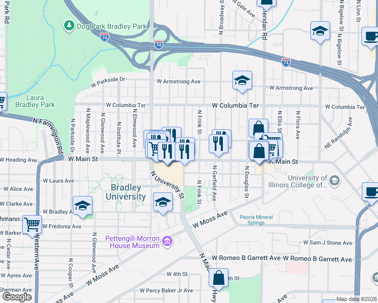 map of restaurants, bars, coffee shops, grocery stores, and more near 1010 West Russell Street in Peoria