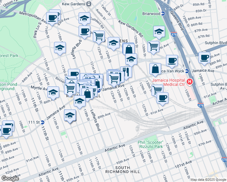 map of restaurants, bars, coffee shops, grocery stores, and more near 123-15 Jamaica Avenue in Queens