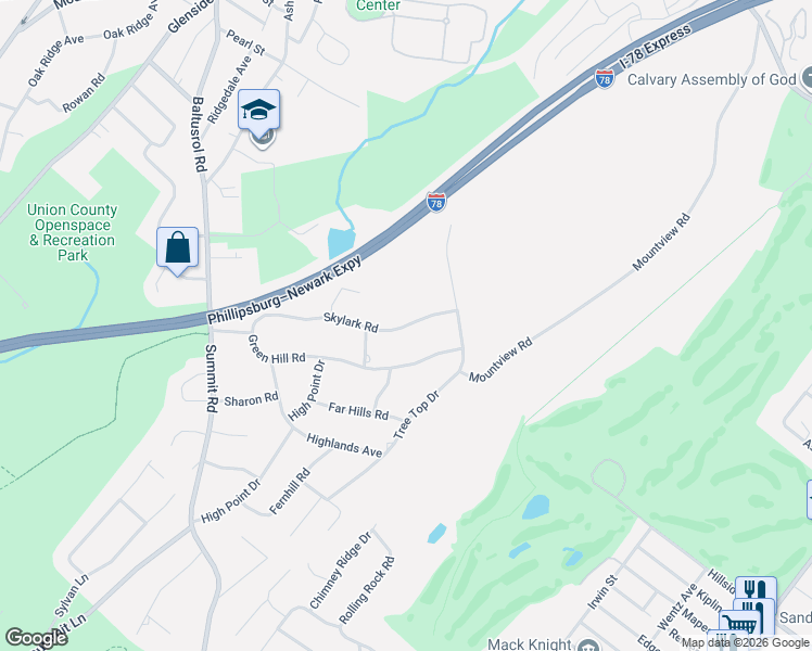 map of restaurants, bars, coffee shops, grocery stores, and more near 67 Skylark Road in Springfield