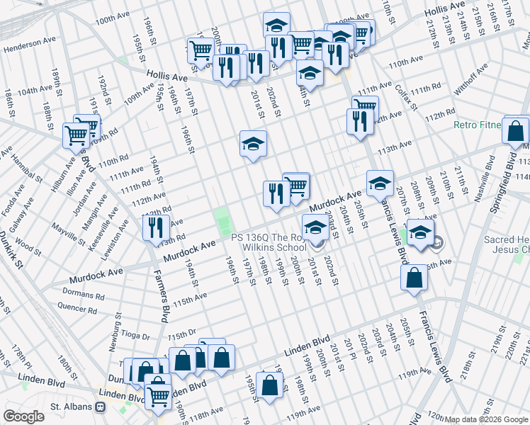 map of restaurants, bars, coffee shops, grocery stores, and more near 113-02 199th Street in Queens