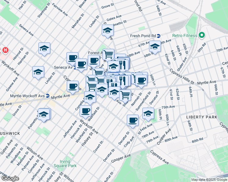 map of restaurants, bars, coffee shops, grocery stores, and more near 927 Onderdonk Avenue in Queens