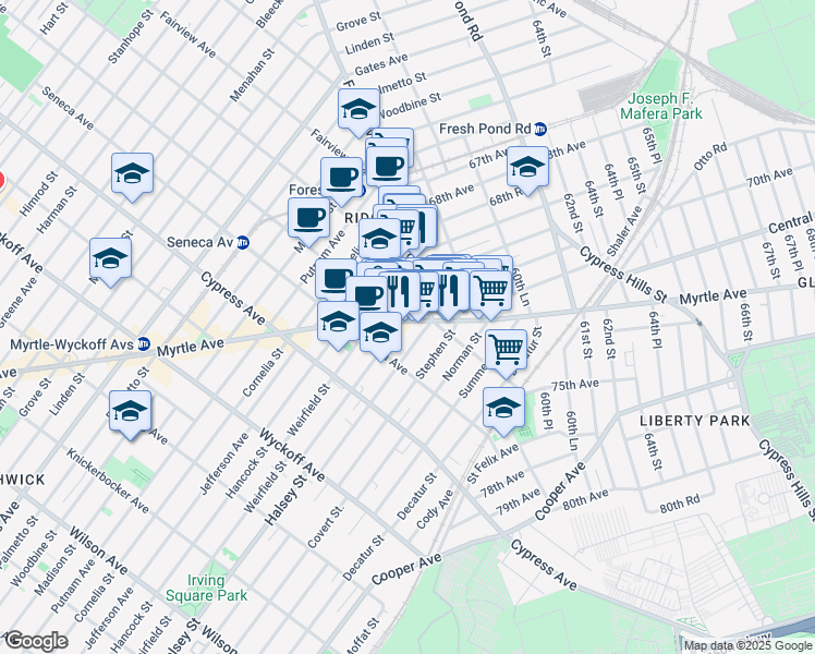 map of restaurants, bars, coffee shops, grocery stores, and more near 70-2 Forest Avenue in Queens