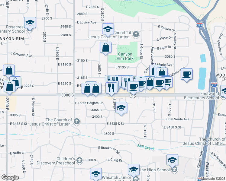 map of restaurants, bars, coffee shops, grocery stores, and more near 2917 East 3300 South in Salt Lake City