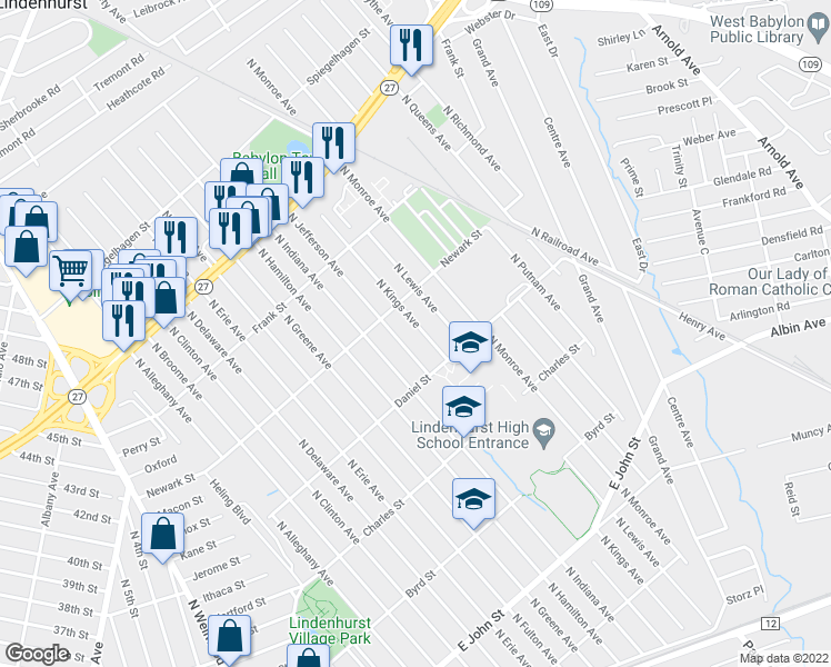 map of restaurants, bars, coffee shops, grocery stores, and more near 590 North Kings Avenue in Lindenhurst