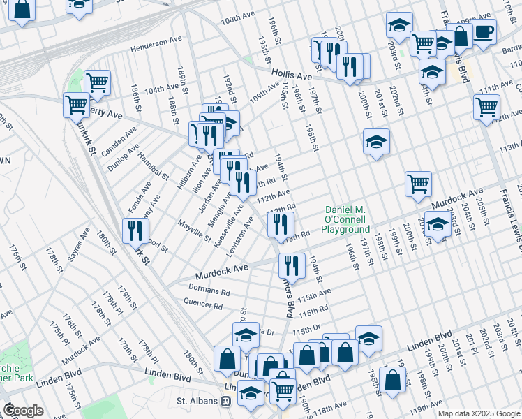 map of restaurants, bars, coffee shops, grocery stores, and more near 111-53 Farmers Boulevard in Queens