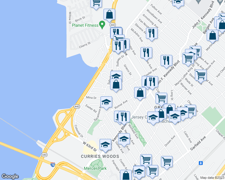 map of restaurants, bars, coffee shops, grocery stores, and more near 251 Bartholdi Avenue in Jersey City