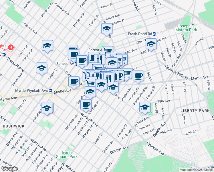 map of restaurants, bars, coffee shops, grocery stores, and more near in Queens