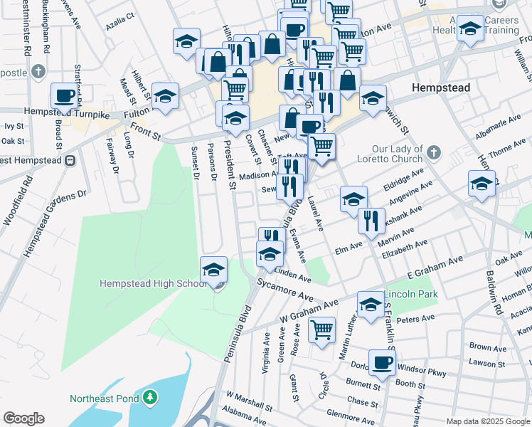 map of restaurants, bars, coffee shops, grocery stores, and more near 65 Whitson St in Hempstead