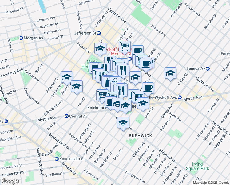 map of restaurants, bars, coffee shops, grocery stores, and more near 385 Knickerbocker Avenue in Brooklyn