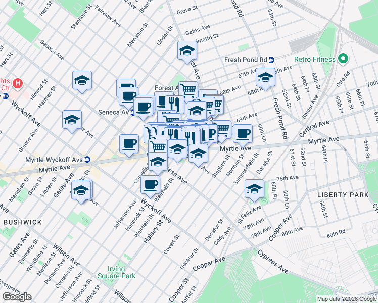 map of restaurants, bars, coffee shops, grocery stores, and more near in Queens