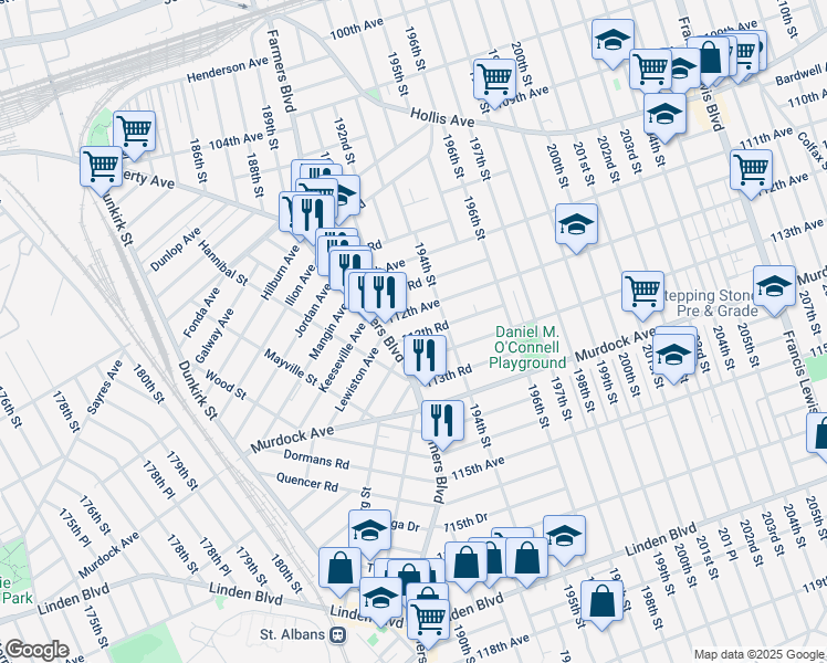 map of restaurants, bars, coffee shops, grocery stores, and more near 190-45 112th Avenue in Queens