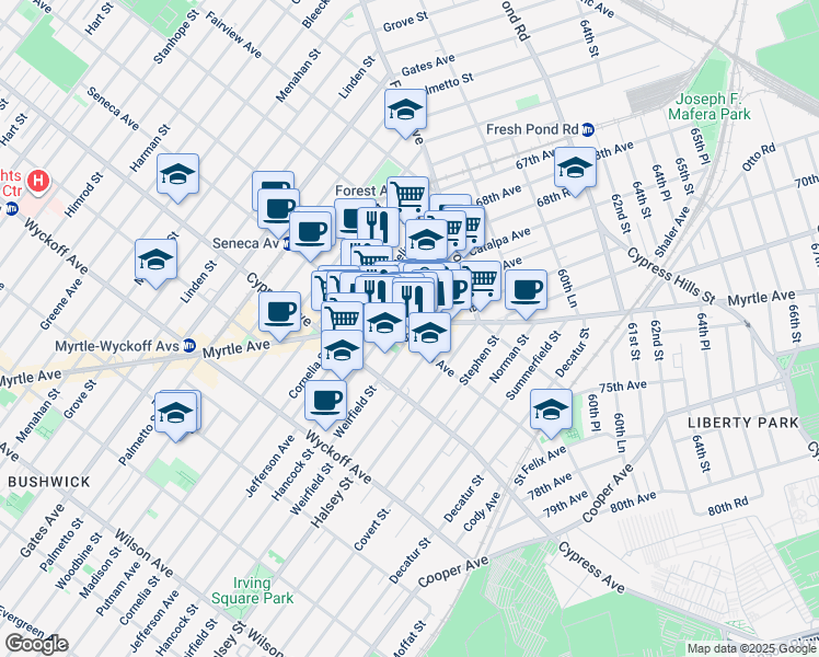 map of restaurants, bars, coffee shops, grocery stores, and more near 57-10 Myrtle Avenue in Queens