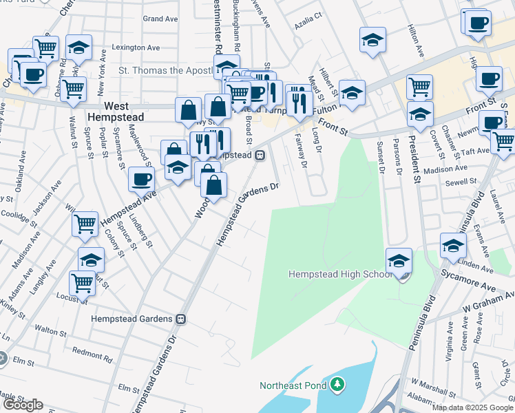 map of restaurants, bars, coffee shops, grocery stores, and more near 125 Hempstead Gardens Drive in West Hempstead