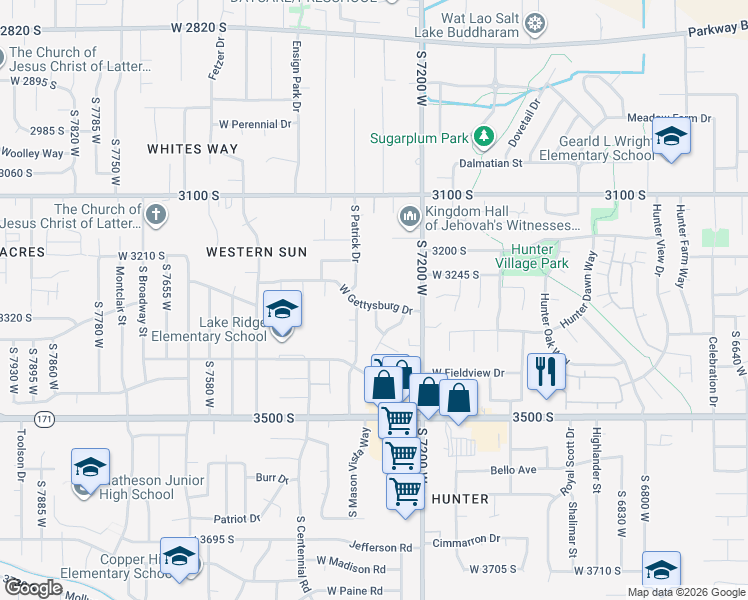map of restaurants, bars, coffee shops, grocery stores, and more near 7286 West Gettysburg Drive in Magna