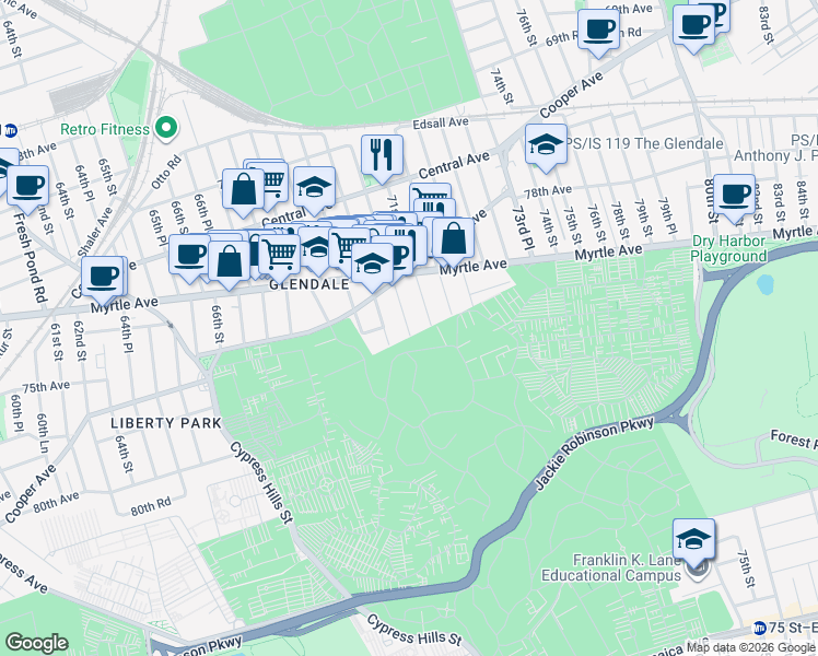 map of restaurants, bars, coffee shops, grocery stores, and more near 73-20 70th Street in Queens
