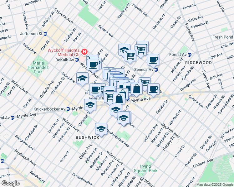 map of restaurants, bars, coffee shops, grocery stores, and more near 401 Linden Street in Brooklyn