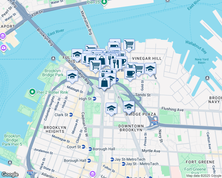 map of restaurants, bars, coffee shops, grocery stores, and more near 55 Prospect Street in Brooklyn