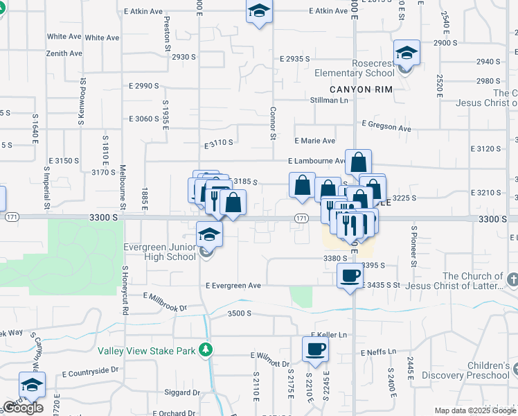 map of restaurants, bars, coffee shops, grocery stores, and more near 3215 South 2100 East in Salt Lake City
