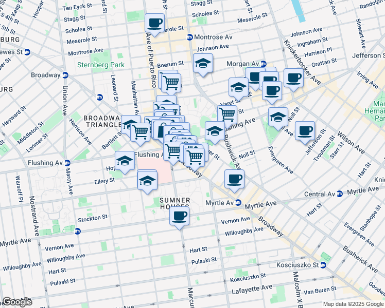 map of restaurants, bars, coffee shops, grocery stores, and more near 39 Fayette Street in Brooklyn