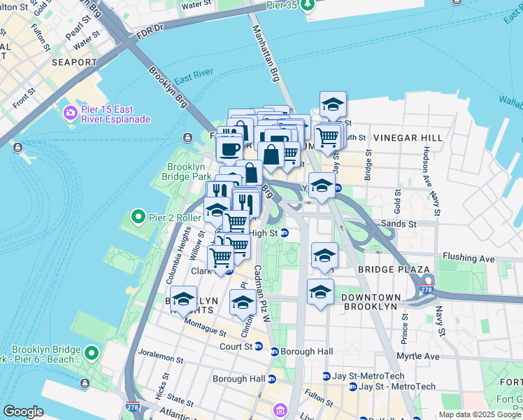 map of restaurants, bars, coffee shops, grocery stores, and more near 71 Poplar Street in Brooklyn