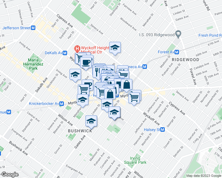 map of restaurants, bars, coffee shops, grocery stores, and more near Wyckoff Avenue & Linden Street in Brooklyn