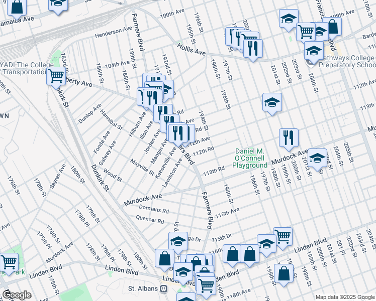 map of restaurants, bars, coffee shops, grocery stores, and more near 111-53 Farmers Boulevard in Queens