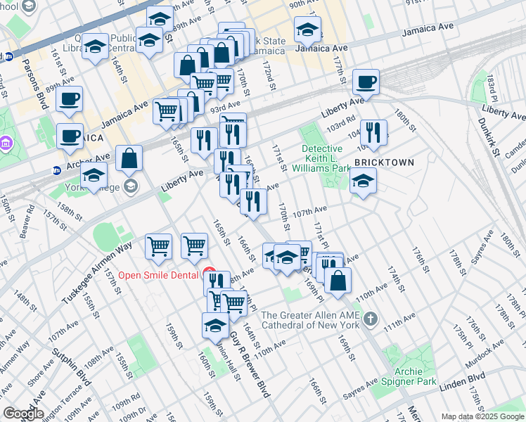map of restaurants, bars, coffee shops, grocery stores, and more near 168-46 105th Avenue in Queens