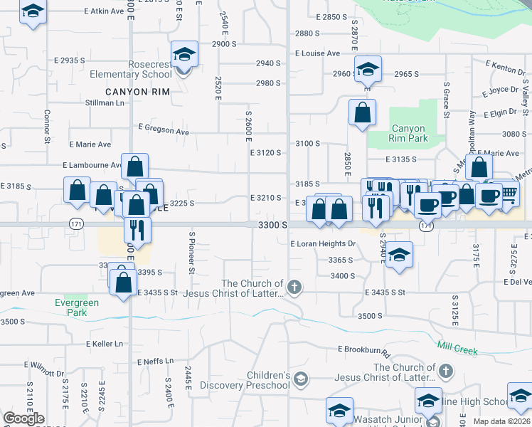 map of restaurants, bars, coffee shops, grocery stores, and more near 2647 East 3300 South in Salt Lake City