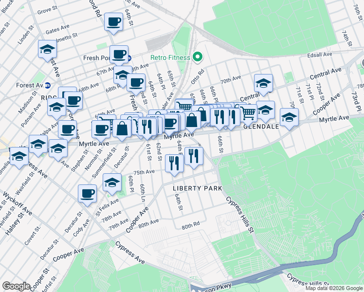 map of restaurants, bars, coffee shops, grocery stores, and more near 64 Myrtle Avenue in Queens