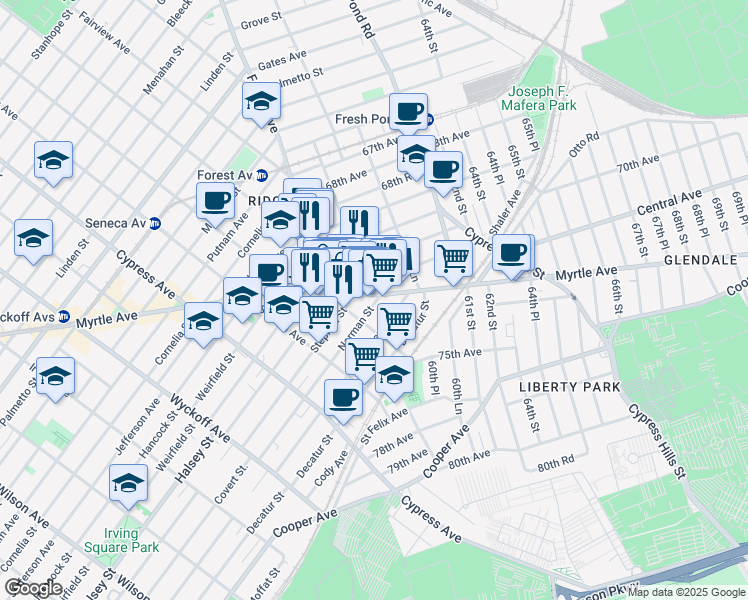 map of restaurants, bars, coffee shops, grocery stores, and more near 59-23 71st Avenue in Queens