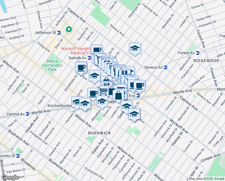 map of restaurants, bars, coffee shops, grocery stores, and more near 337 Bleecker Street in Brooklyn