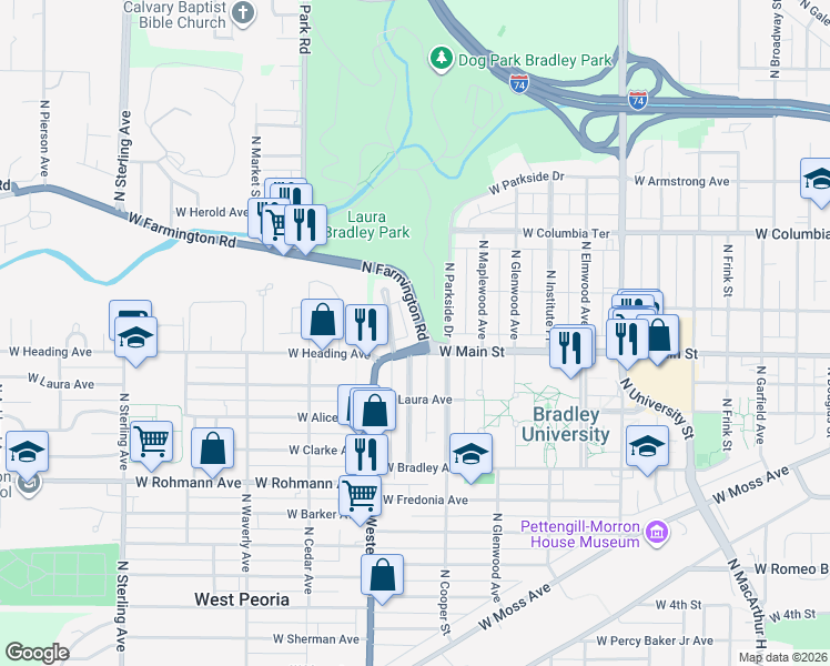 map of restaurants, bars, coffee shops, grocery stores, and more near 1101 North Farmington Road in Peoria