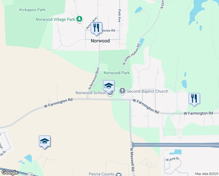map of restaurants, bars, coffee shops, grocery stores, and more near 6521 West Farmington Road in Peoria