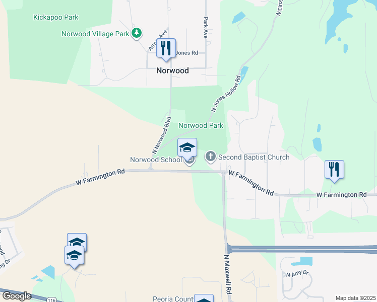 map of restaurants, bars, coffee shops, grocery stores, and more near 6521 West Farmington Road in Peoria
