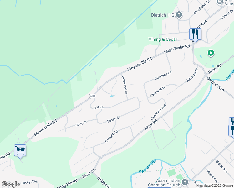 map of restaurants, bars, coffee shops, grocery stores, and more near 7 Tree Top Lane in Chatham Township