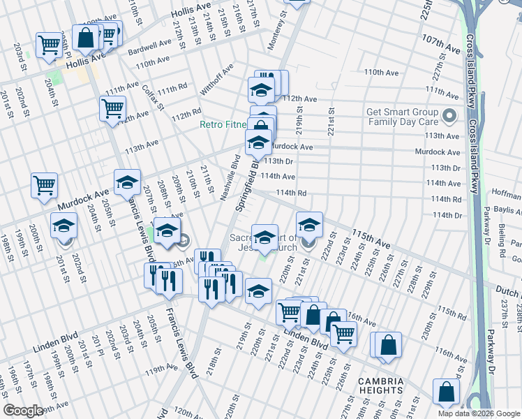 map of restaurants, bars, coffee shops, grocery stores, and more near 115-01 217th Street in Queens