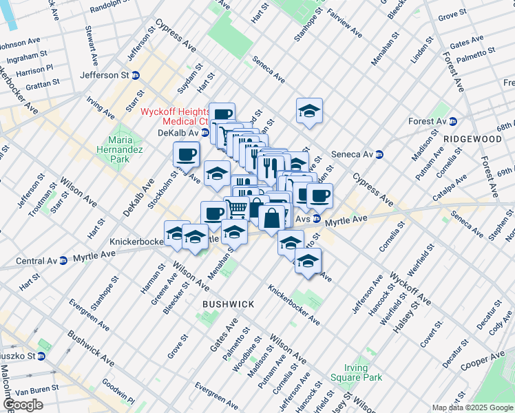 map of restaurants, bars, coffee shops, grocery stores, and more near 337 Bleecker Street in Brooklyn