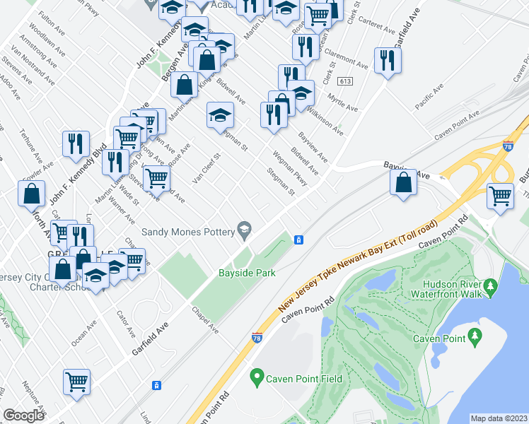 map of restaurants, bars, coffee shops, grocery stores, and more near 18 Fulton Avenue in Jersey City