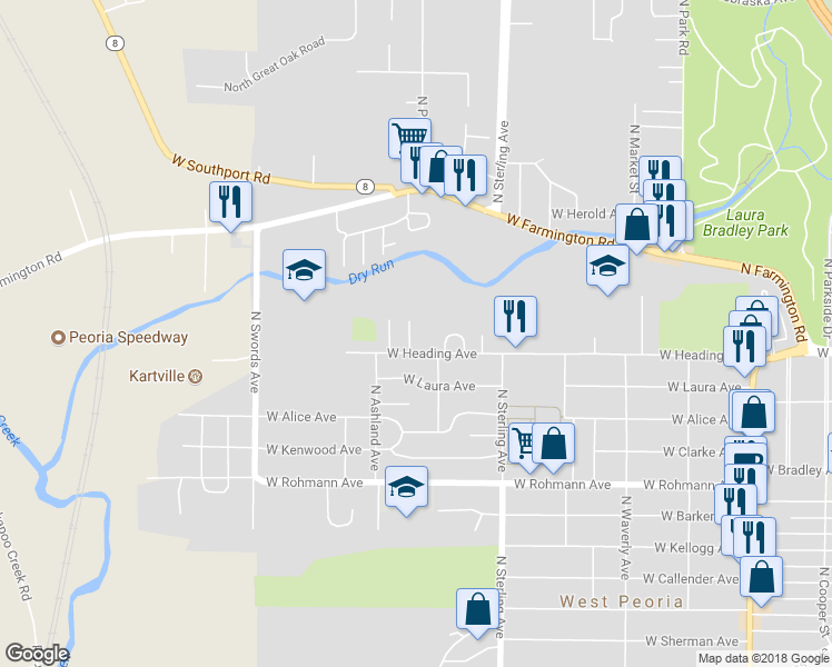 map of restaurants, bars, coffee shops, grocery stores, and more near 1014 North Bluff Crest Court in Peoria