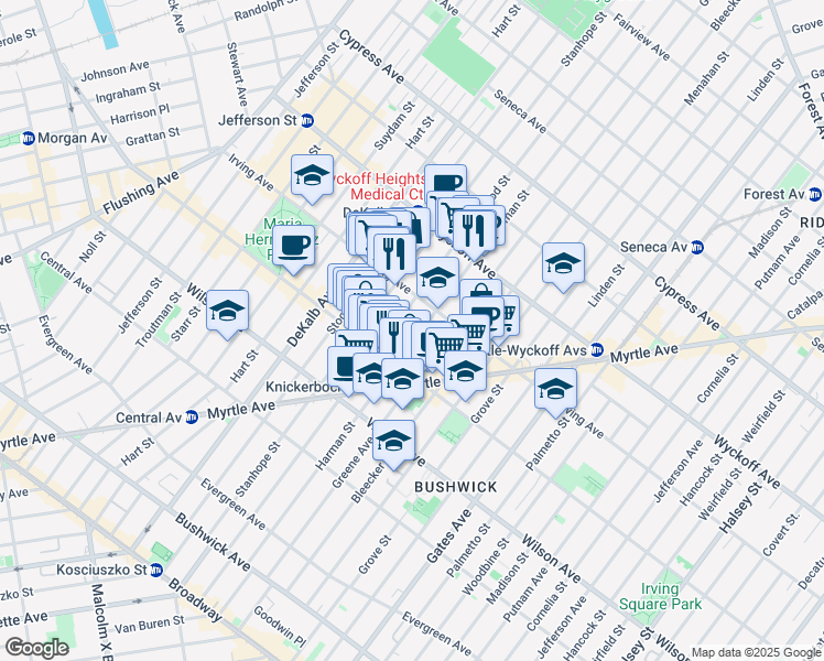 map of restaurants, bars, coffee shops, grocery stores, and more near 200 Irving Avenue in Brooklyn