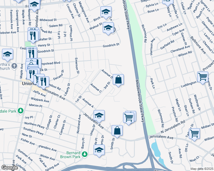 map of restaurants, bars, coffee shops, grocery stores, and more near 3rd Street in Uniondale