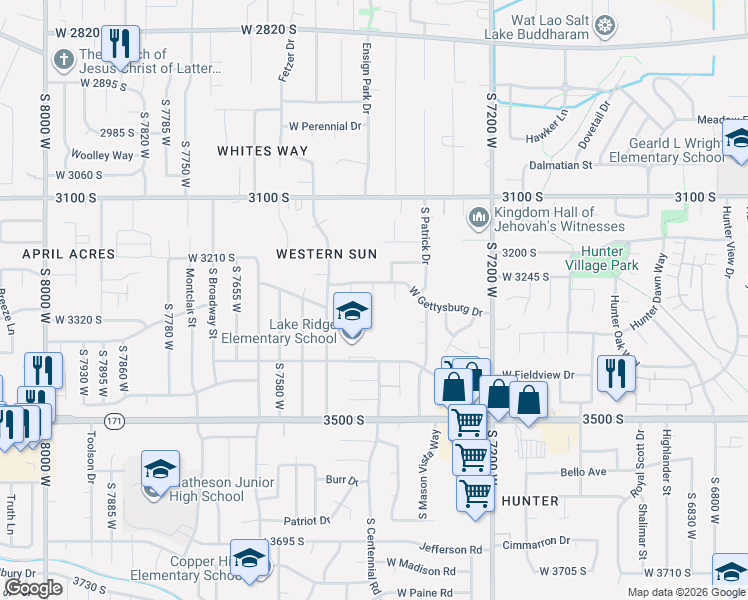 map of restaurants, bars, coffee shops, grocery stores, and more near 7399 West Gettysburg Drive in Magna