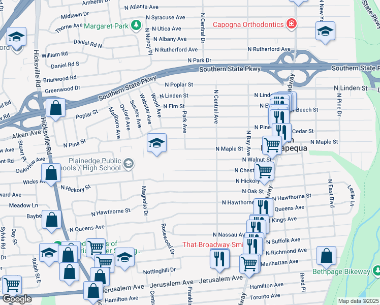 map of restaurants, bars, coffee shops, grocery stores, and more near 258 North Cedar Street in Massapequa