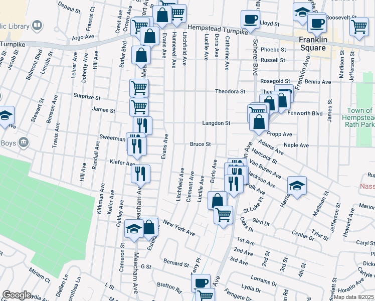 map of restaurants, bars, coffee shops, grocery stores, and more near 283 Clement Avenue in Elmont