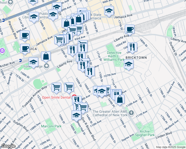 map of restaurants, bars, coffee shops, grocery stores, and more near 168-46 105th Avenue in Queens